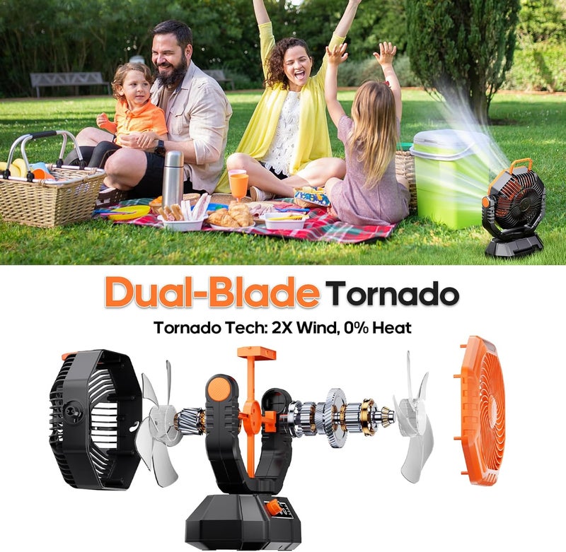 AJVV Camping Fan Rechargeable, Battery Powered Fan With Remote Controller, LED Light, Dual Motors, Stepless Speed, 45°/90°/270° Swing,Timer, Portable fan For Travel Tent Bedroom Beach Fishing, Orange - Image 2
